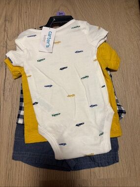 Carter's White Bodysuit with Small Car Prints & Yellow Top Set